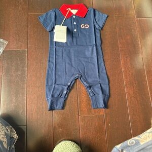 Gucci Navy Polo Romper with Red Collar and GG Detail